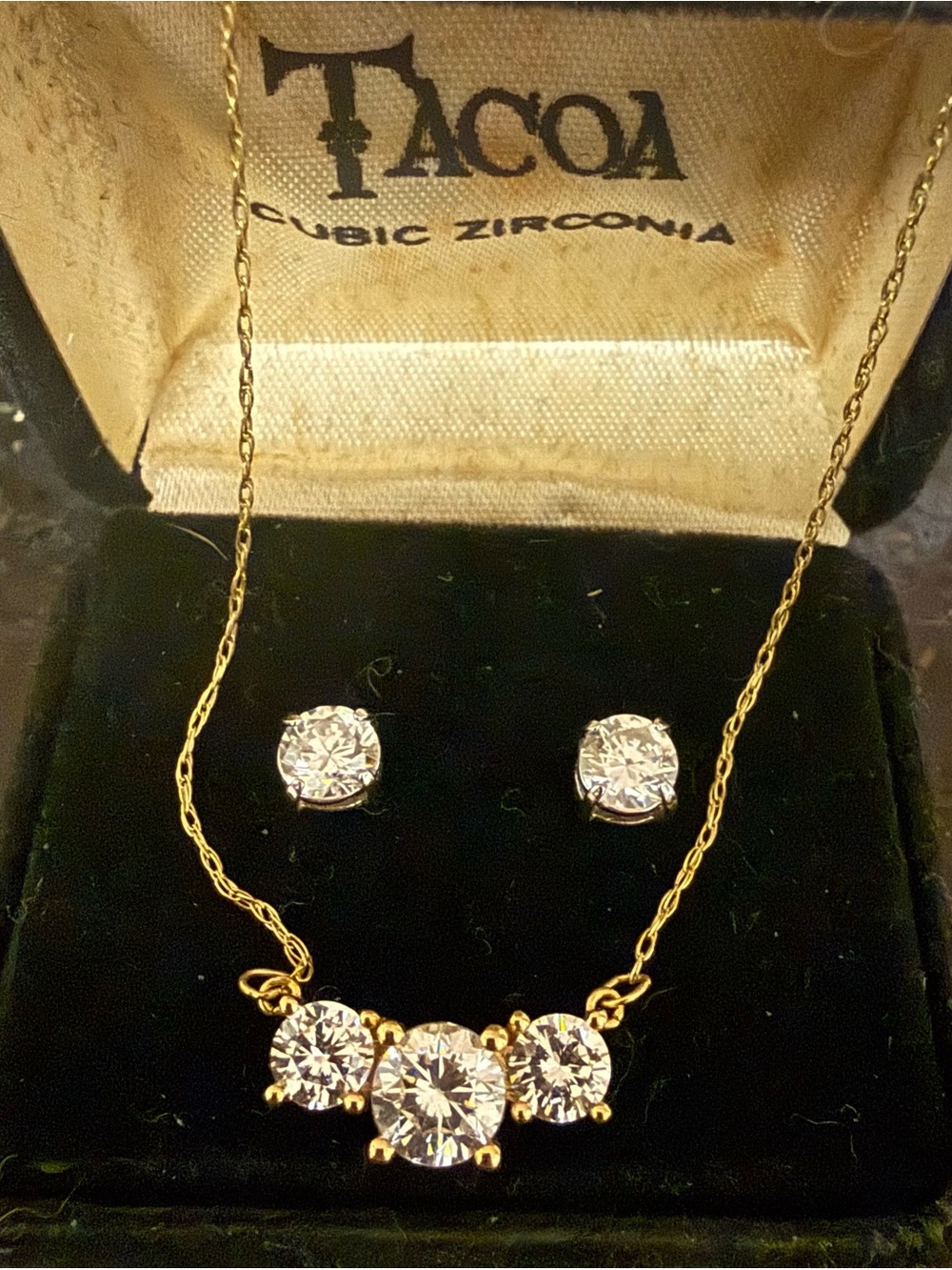 Vintage TACOA Gold-Tone Cubic Zirconia Necklace and Stud Earrings Set